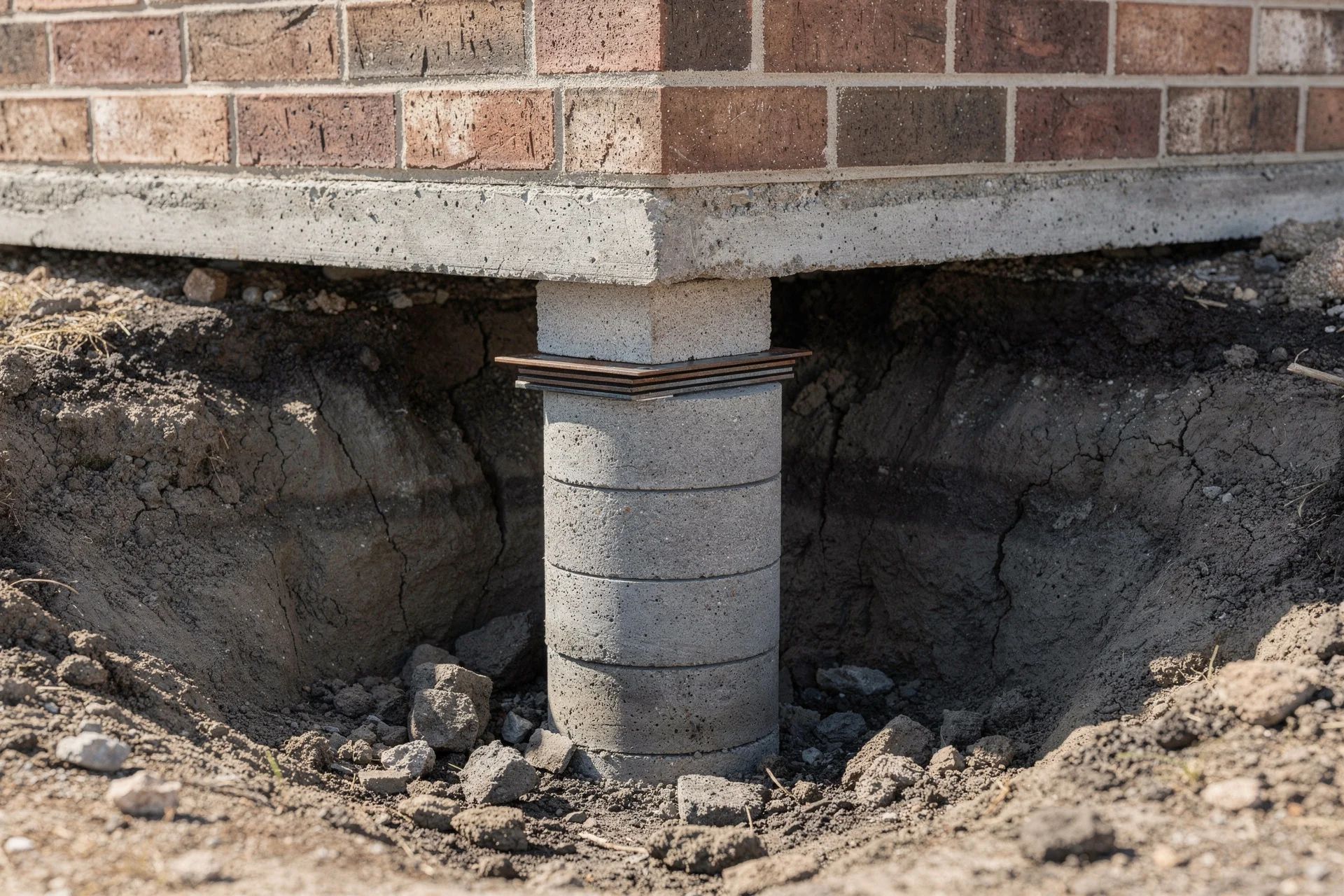 Stack of precast concrete pier cylinders with steel shims under the edge of a slab house